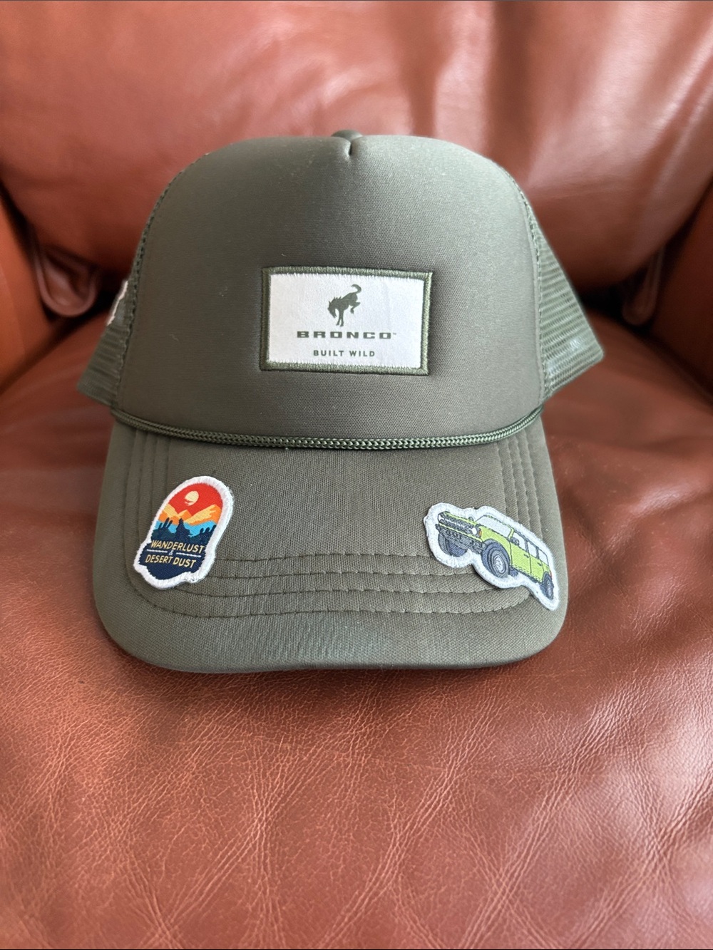 Ford Bronco Olive Green Mesh Trucker Hat with Adventure Patches